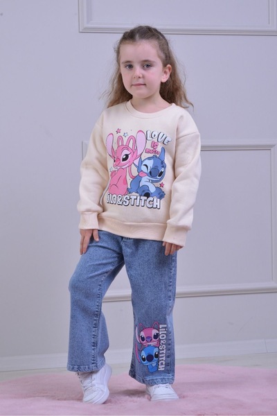 SERENAD KİDSS 3-10 Yaş Kız Çocuk Lilo & Stitch Baskılı Sweatshirt ve Kot Pantolon Takımı- Krem
