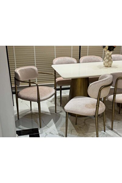 Meser Mobilya BEYAZ DİKDÖRTGEN MDF SABİT MUTFAK MASASI / GOLD ESKİTME PİRİNÇ METAL MUTFAK SANDALYESİ 90X175