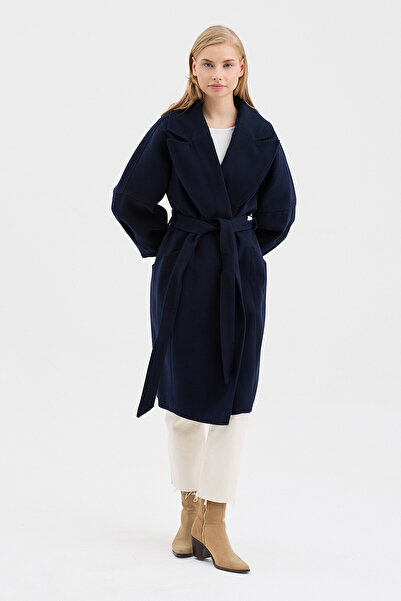 DOLCEBELLA KADIN OVERSİZE ÇİFT CEPLİ KISA KAŞE LACİVERT KABAN