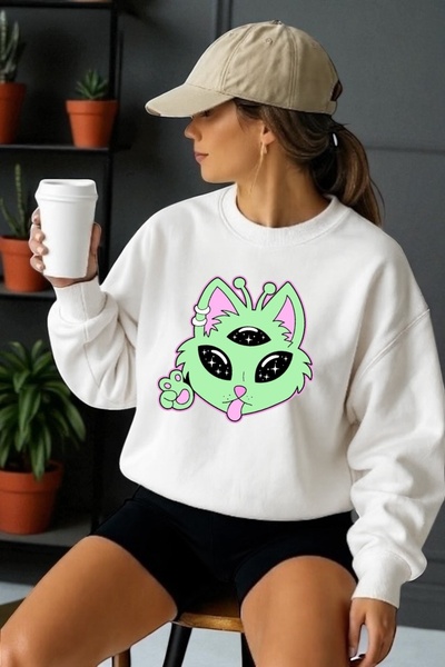 ArtYus سويت شيرت للجنسين بأكمام طويلة مطبوع عليه قطة فضائية وياقة دائرية