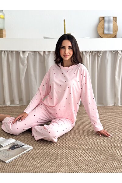 LETS BASIC Set de pijamale confortabile cu mâneci lungi, cu inimă roz, pentru femei – Textura moale și design elegant