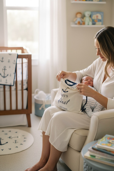 AngelButik Bebek İlk Kıyafet Çantası – Amerikan Bezi, Nakışlı, Denizci Temalı, Hastane Çıkışı Saklama Torbası