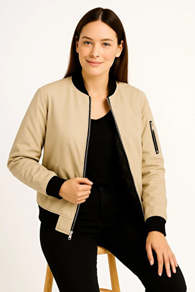 MODA Lined Zippered Bomber Coat Jacket - Beige -Collection