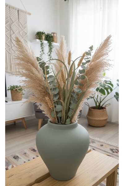 Maysa home Yeşil Renkli El Yapımı Seramik Vazo Bohem ve İskandinav Tarzı Sade Şık