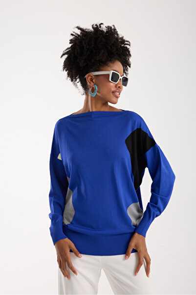 Moda Days Women's Saks Blue Viscose Fabric Color Block Boat Neck Knitwear Blouse