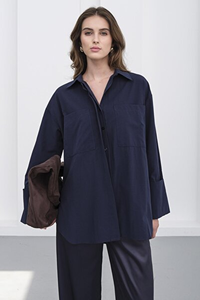 VAGGON Women's Navy Blue Double Pocket Oversize Basic Shirt Vs01235