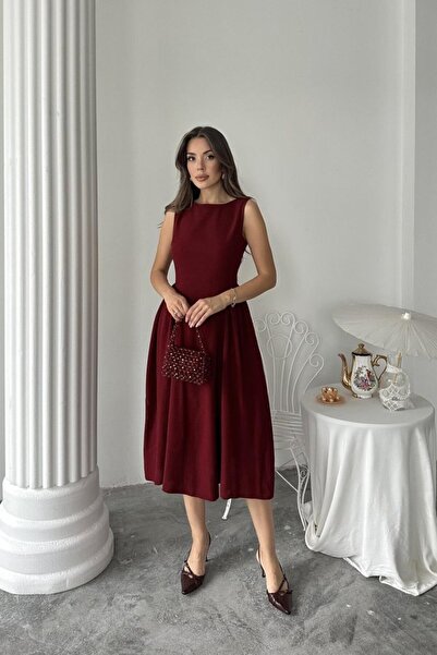 Genel Markalar Hediyeniz Sare`den Bordo Yanları Büzgülü Midi Boy Keten Elbise