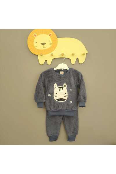 Renata's unisex bebek çocuk welsoft peluş kışlık sevimli hayvan aplikeli 2 parça alt üst bebek takım