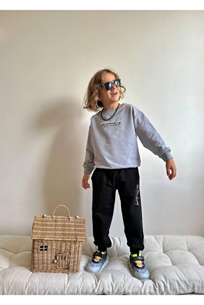 YİGİT BUTİK Embossed Letter Printed Long Sleeve Boys' Bottom Top Set