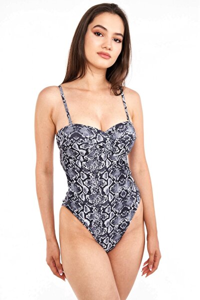 embody Women's grey push up one piece swimsuit with animal print, Black Snake
