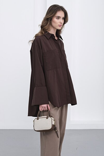 VAGGON Women's Brown Double Pocket Oversize Basic Shirt Vs01235
