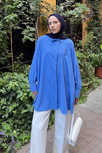 lamelif Hidden Button Detailed Hijab Tunic Indigo
