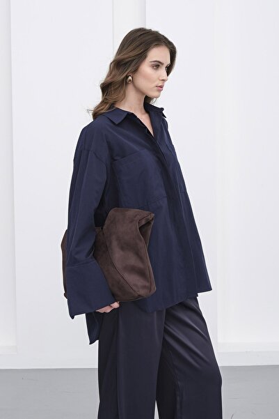 VAGGON Women's Navy Blue Double Pocket Oversize Basic Shirt Vs01235