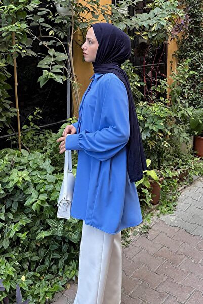 lamelif Hidden Button Detailed Hijab Tunic Indigo