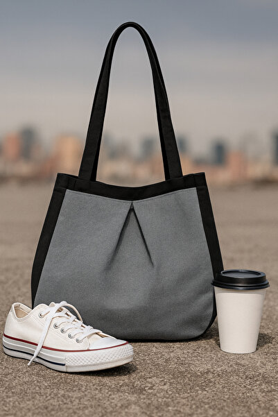 YUNUSOĞLU HOME Black Gray Multi-Purpose Premium Oversize Plain Medium Size Canvas Women's Hand and Shoulder Bag