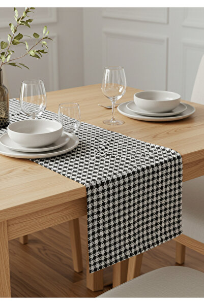 YUNUSOĞLU HOME Black and White Houndstooth Stylish Table Runner 50X150 cm – Modern and Elegant Tablecloth Runner