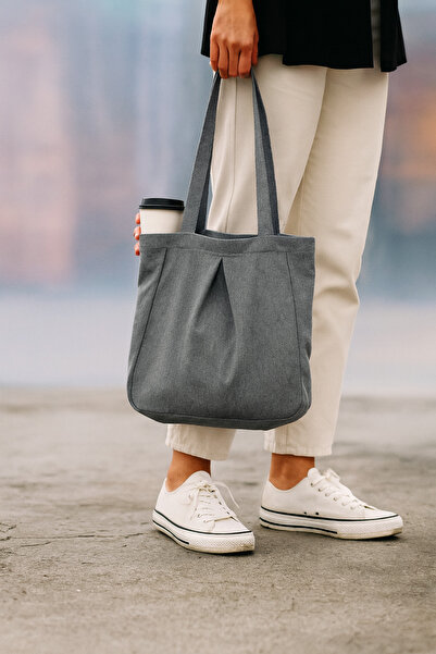 YUNUSOĞLU HOME Dark Gray Multi-Purpose Premium Oversize Plain Medium Size Canvas Women's Hand and Shoulder Bag