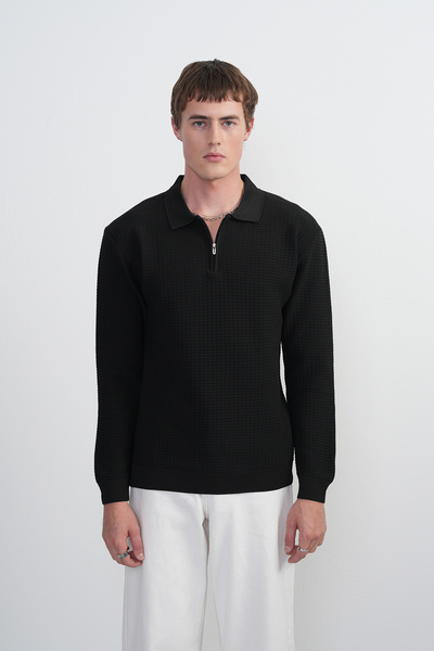 SILVANO Erkek Yarım Fermuarlı Siyah Triko Polo Yaka Tişört