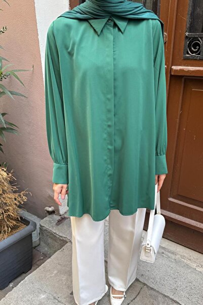 lamelif Hidden Button Detailed Hijab Tunic Emerald Green