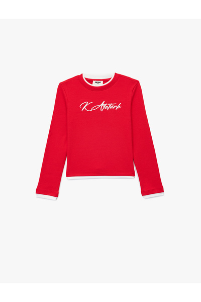 Koton Ataturk Signature Embroidered Detailed Long Sleeve Crew Neck Cotton T-Shirt