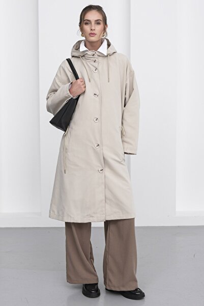 VAGGON Women's Stone Double Pocket Hooded Trench Coat with Tie Waist, Button Closure, Lined Vs01238