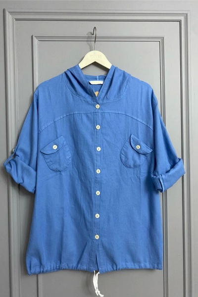 PDR PUDRA Women's Light Blue Large Size Back Butterfly Embroidered Sleeve Fold Cotton Linen Fabric Shirt Jacket