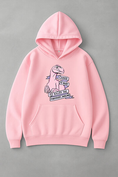 LORVEX سويت شيرت كبير الحجم بطباعة رقمية على شكل ديناصور وردي