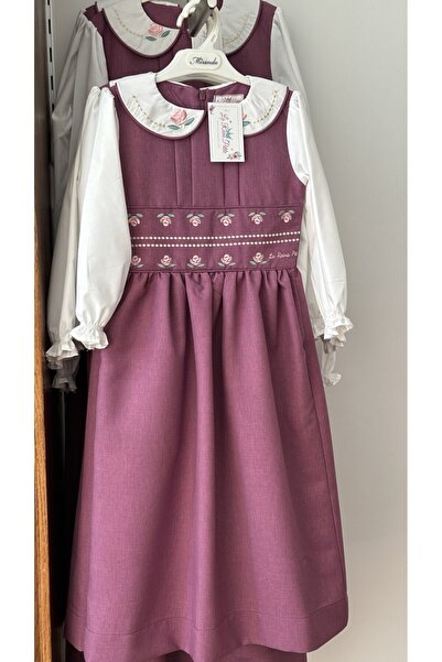 La reina petite مريول ابتدائي مدرسي متصل لون بنفسجي مع تطريز ورد