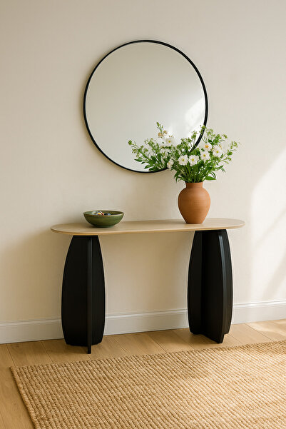 MARIA HOMES طاولة كونسول عصرية سوداء مقاس 140×40×80 سم – قاعدة خشبية مع سطح ب...