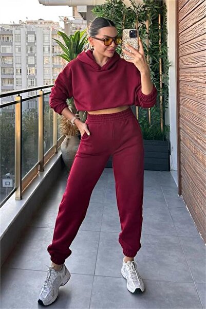 Dipmoda Women's Hooded Sweatshirt Tracksuit Dpgts020 - Burgundy
