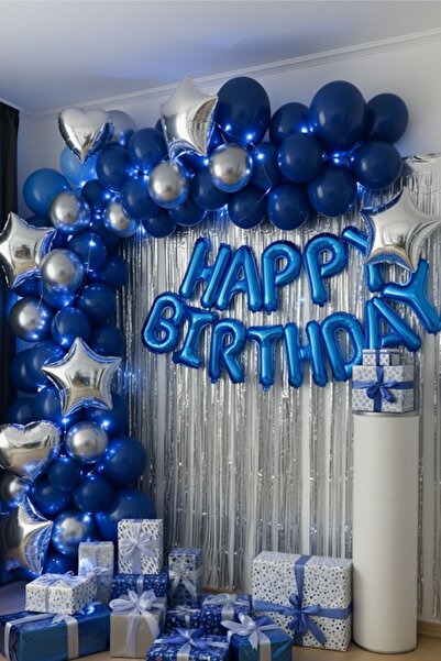 Baloncu Nene Μπλε Σετ μπαλόνια με αλουμινόχαρτο για χαρούμενα γενέθλια Μπλε ασημί στολίδια για πάρτι γενεθλίων