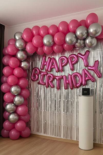 Baloncu Nene Pink Happy Birthday Foil Set Pink Silver Balloon Party Birthday Decoration Set