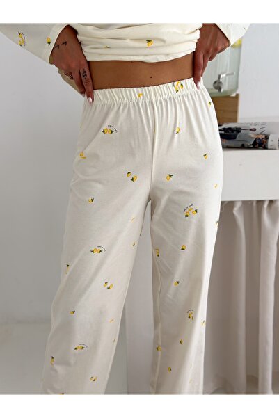 LETS BASIC 🌼 Kadın Ekru Çiçek Desenli Uzun Kollu Rahat Kesim Pijama Takımı – Yumuşacık Kumaş, Şık ve Konfor