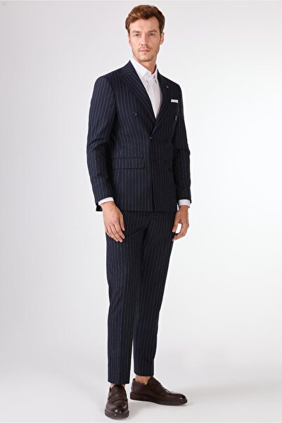 Dufy Lacivert Çizgili Kruvaze Slim Fit Takım Elbise