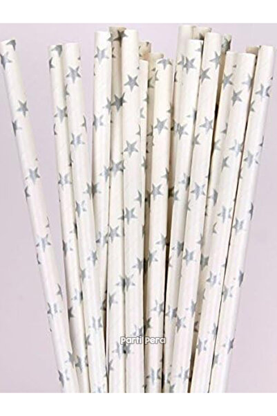parti pera Beyaz Gümüş Yıldız Kağıt Pipet 24 Adet