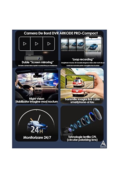 ArKode™ Cameră DVR pentru bord Arkode Lipstick PRO-Compact, înregistrare duală, față 4K, spate 1080P, unghi ultra-wide 170°