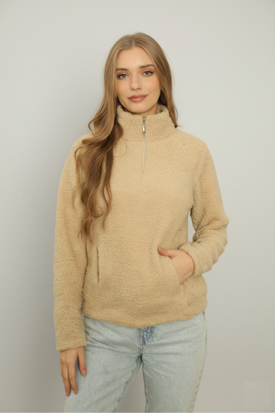 embody Hanorac bej din fleece pentru femei, cu fermoar și buzunare
