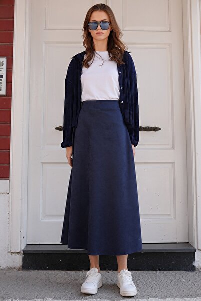 VAGGON Fusta midi cu croială largă, texturată, din piele intoarsa albastru bleumarin pentru femei Vs01214