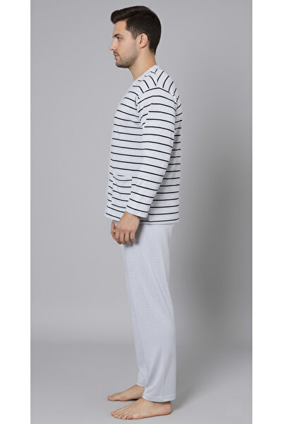 embody Men's cotton pyjamas, large size, long sleeves and trousers, striped, light grey 16114
