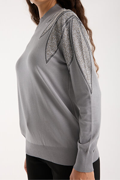 Moda Days Women's Gray Viscose Fabric Stone Detailed Shoulders Half Turtleneck Knitwear Blouse