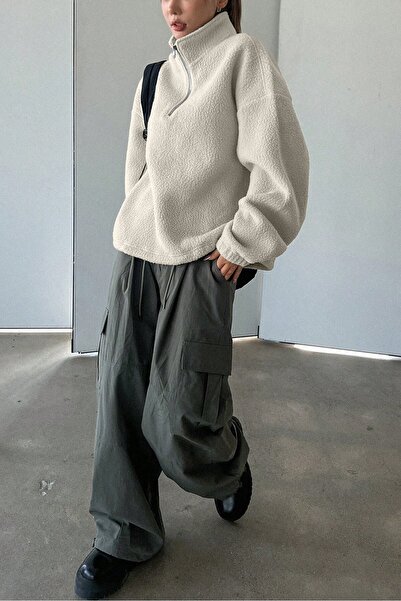 GHASSY CO. Women's Ultra Heat Plush Sherpa Oversize Half Metal Zipper Elastic Adjustable Fleece Sweatshirt