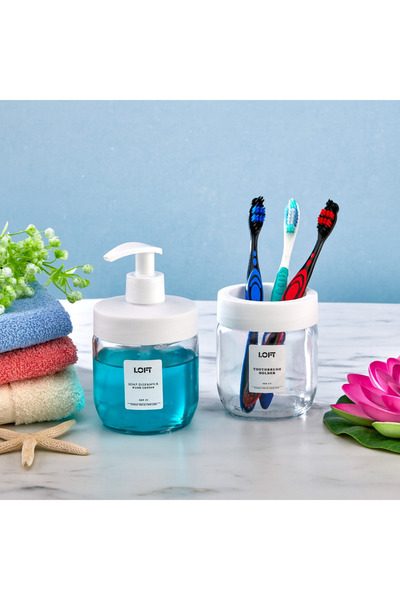 Alper Banyo Beyaz Modern Şık Cam Banyo Aksesuar Seti | Diş Fırçalık ve Sıvı Sabunluk Seti