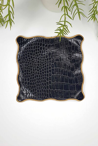 decofav Black Faux Crocodile Leather Fabric Oval Square Embroidered Cocktail Napkin 1 Piece