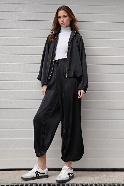 VAGGON Polo Collar Batwing Sleeve Zipper Closure Jacket and Elastic Waist Pants Casual Suit