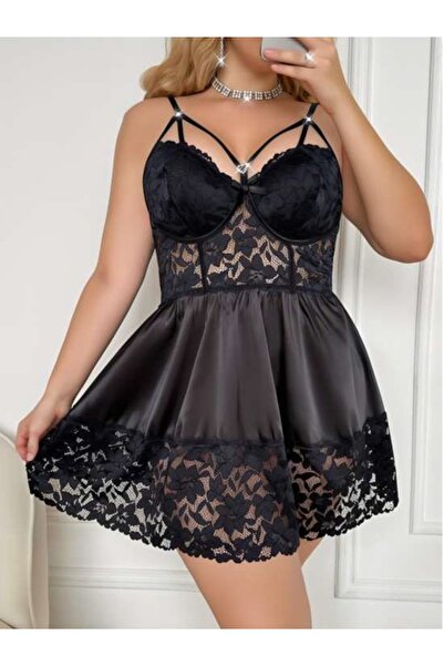 euro click Dantel Detaylı Siyah Transparan Babydoll Gecelik