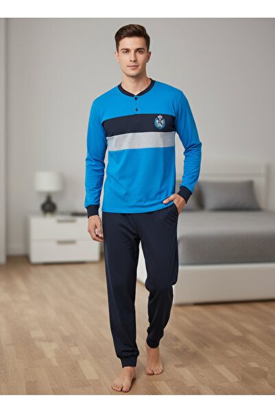 embody Pijama lungă din bumbac pentru bărbați, albastră cu dungi, gri negru