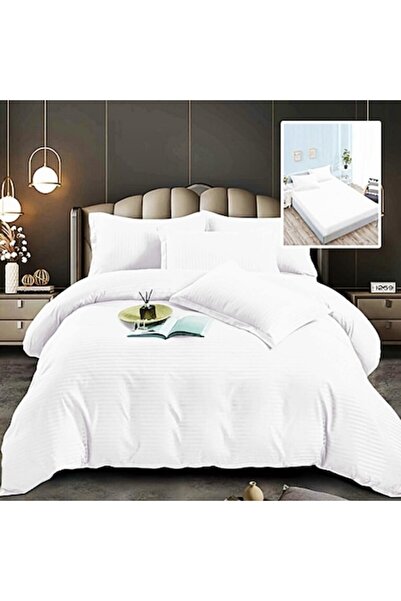 RALEX PUCIOASA Damask Polycotton Bed Linen Set, 6 pieces, elastic bedsheet 160x200cm, double bed, white, Ralex Puci