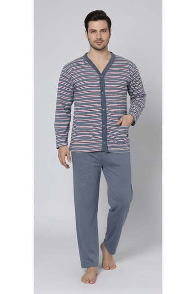 embody Men's cotton pyjamas, large size, long sleeves and trousers, striped, grey 16114
