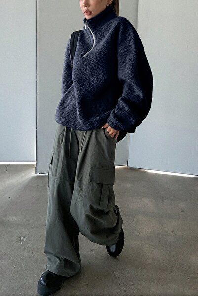 GHASSY CO. Women's Ultra Heat Plush Sherpa Oversize Half Metal Zipper Elastic Adjustable Fleece Sweatshirt