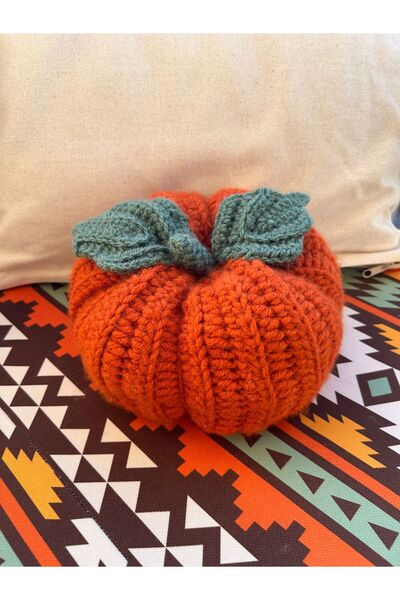 Patiska Tasarım El Yapımı Örgü Balkabağı Dekoratif Yastık 20x10 cm – Halloween Temalı, Boncuk Elyaf Dolgulu